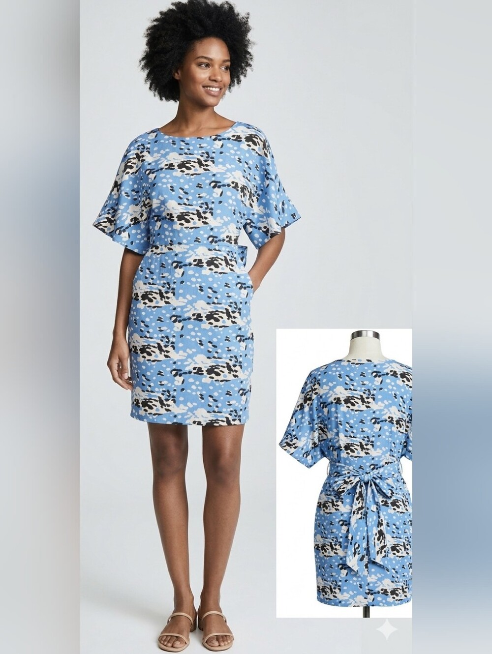 BCBGMAXAZRIA Blue Abstract Flutter Sleeve Mini Dress Medium Casual Party Summer